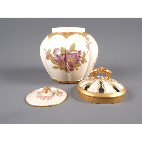 36 - A Royal Worcester blush ivory pot-pourri vase and cover with floral and gilt sprays, 8