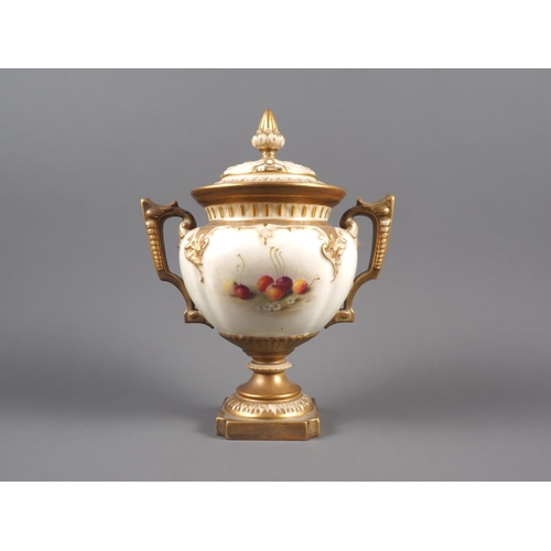 40 - A Royal Worcester two-handle vase and cover with fruit decoration, by Ricketts, 10 1/2