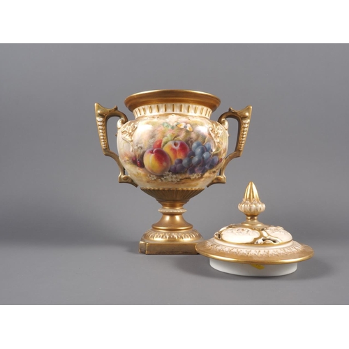 40 - A Royal Worcester two-handle vase and cover with fruit decoration, by Ricketts, 10 1/2