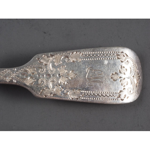 401 - A set of six silver dessert spoons  and forks desert  with engraved decoration, and monogram, 16.4oz... 