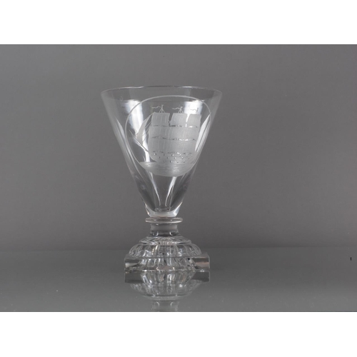 62 - A conical goblet, on lemon squeezer base, with engraved ship design, 6