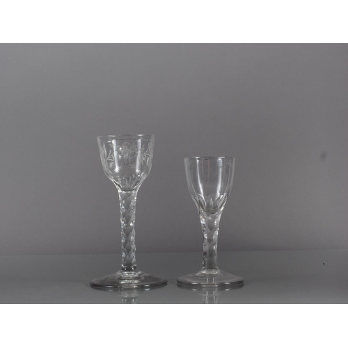 74 - A cordial glass with Jacobite rose and rose bird design, on faceted stem, 5.8