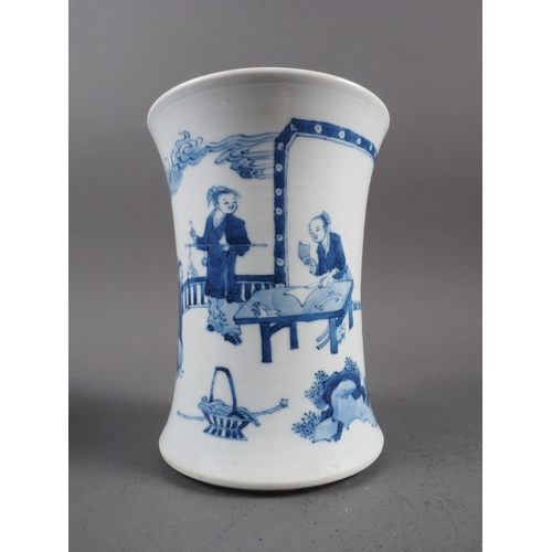 96 - A Chinese blue and white waisted brush washer with figures in a landscape decoration and six-charact... 