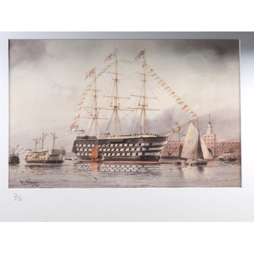 349 - After Atkins: a limited edition colour print, HMS Victory dressed overall, 2/50, in gilt frame, thre... 