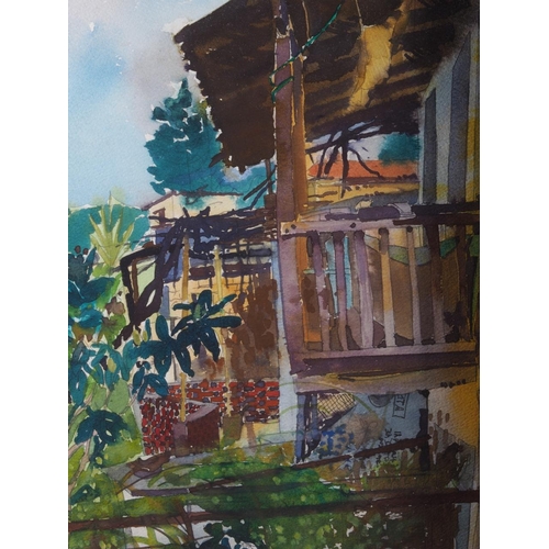 375 - Jenny Wheatley: watercolours, a view of a balcony, 16 3/4