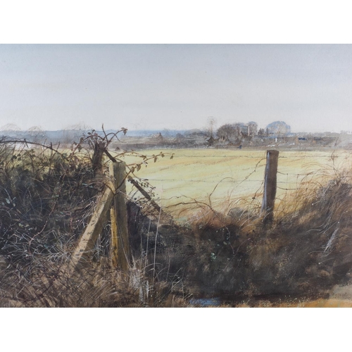 389 - Robert Reed, 1980: watercolour and bodycolour, landscape with distant village, 