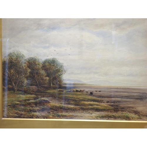 390 - James Orrock RI ROI, 1881: watercolours, landscape of an extensive estuary with cattle grazing and d... 