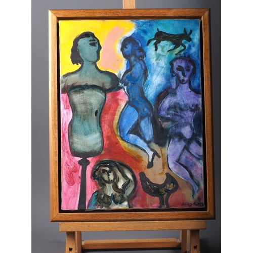 412 - Lucy Ross: oil on canvas, abstract scene with mannequin and figures, 16