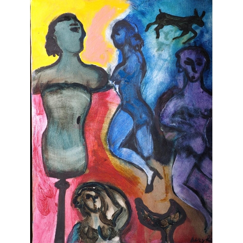 412 - Lucy Ross: oil on canvas, abstract scene with mannequin and figures, 16