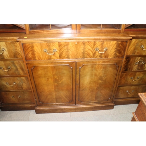 474 - A late 19th century walnut breakfront secretaire bookcase, the upper section enclosed shaped lattice... 