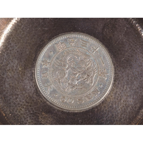 262 - Five Chinese silver and other white metal coin dishes set with coins and trade dollars, various, 8.5... 