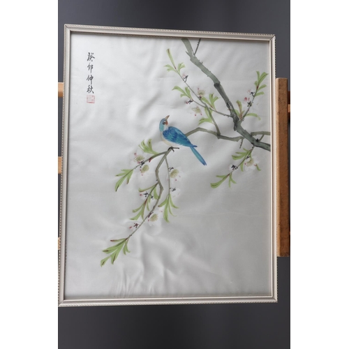 419 - Four Chinese bodycolours on silk, flowers with birds and insects, in strip frames