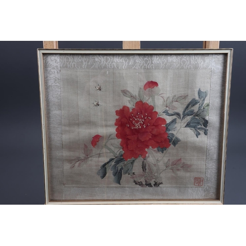 419 - Four Chinese bodycolours on silk, flowers with birds and insects, in strip frames