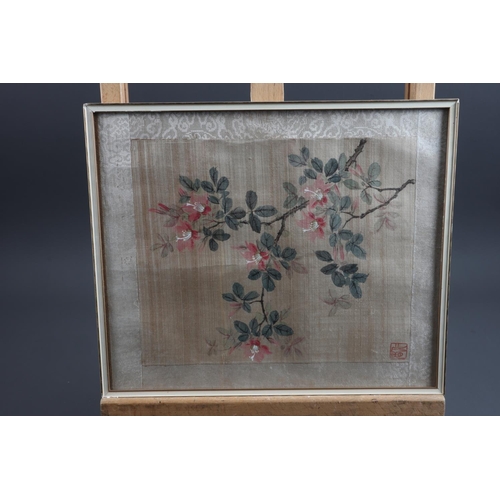 419 - Four Chinese bodycolours on silk, flowers with birds and insects, in strip frames