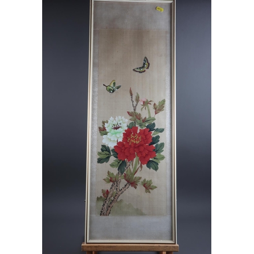 419 - Four Chinese bodycolours on silk, flowers with birds and insects, in strip frames