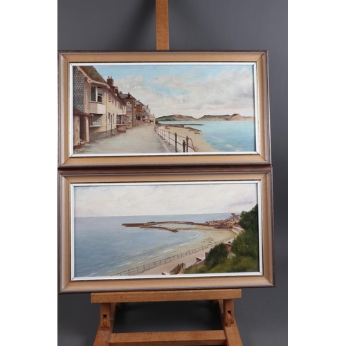 425 - P J Woodrow, 1945: acrylic on paper, two views of Lyme Regis, 7 1/2