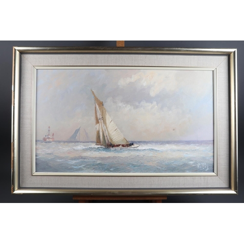 428 - Vic Ellis: a pair of oils on canvas, Leigh Creek and 1920s sailing yachts rounding the Mouse light s... 