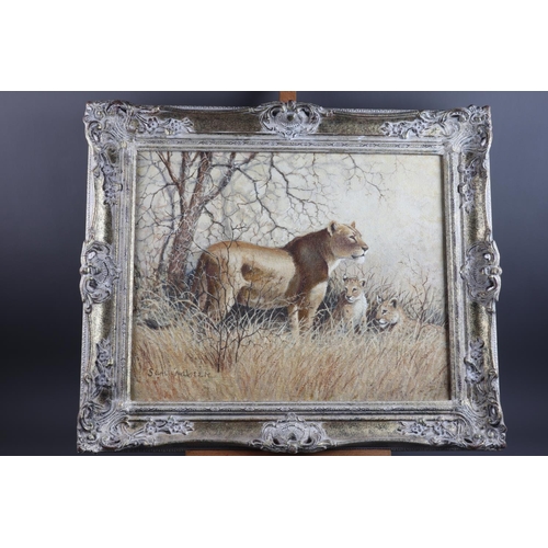 431 - An oil on canvas, lioness and cubs, 15