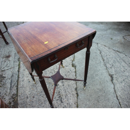 453 - A Regency Gillows type mahogany and ebony line inlaid drop leaf work table,  fitted one drawer over ... 