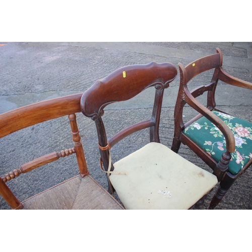 457 - A 19th century fruitwood bar back chair with strung seat, a 19th century bar back elbow chair and a ... 