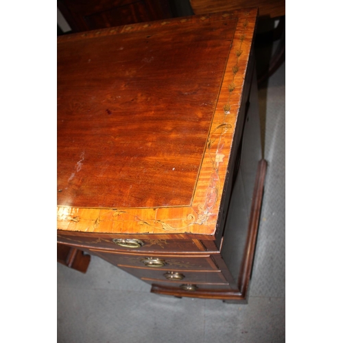 486 - A Sheraton Revival mahogany, satinwood banded and painted bowfront kneehole desk, fitted eight drawe... 