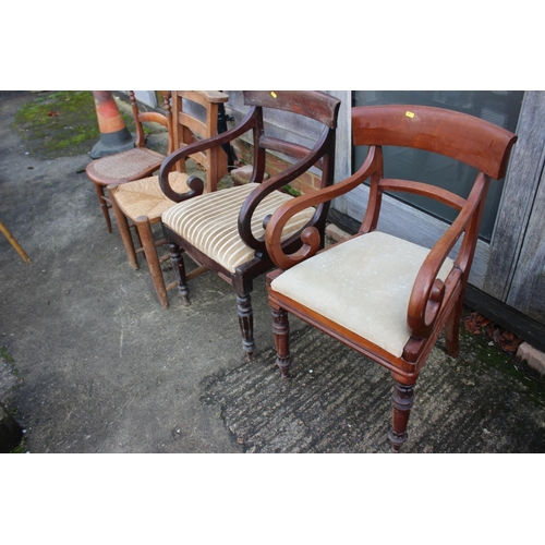 496 - Two 19th century mahogany bar back carver chairs with drop-in seats, a pair of mid 19th century maho... 