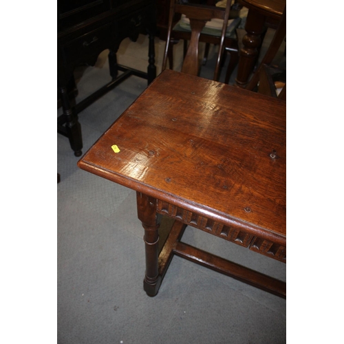 527 - An 18th century style side table, fitted single drawer, on turned and tapered supports united by an ... 