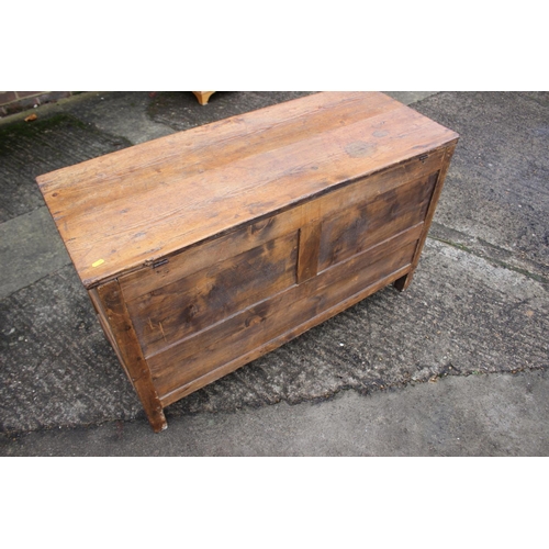 597 - An 18th century waxed pine triple panel front mule chest fitted three drawers, on stile supports, 43... 