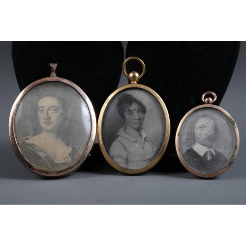 404 - Two early 18th century monochrome portrait miniatures, lady and gentleman, in gilt metal frames, and... 