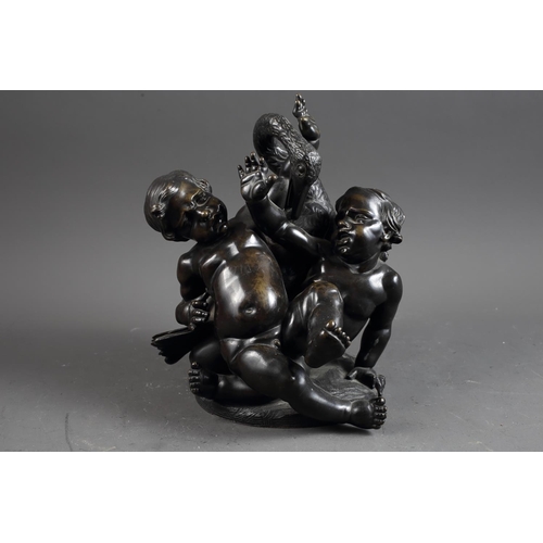 160 - Clodion: a 19th century patinated bronze group of two putti wrestling a swan, 11