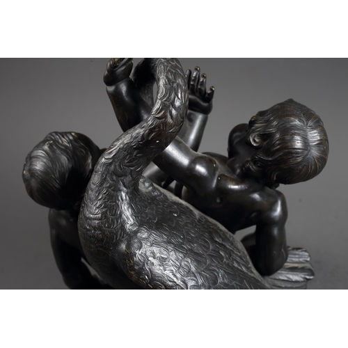 160 - Clodion: a 19th century patinated bronze group of two putti wrestling a swan, 11