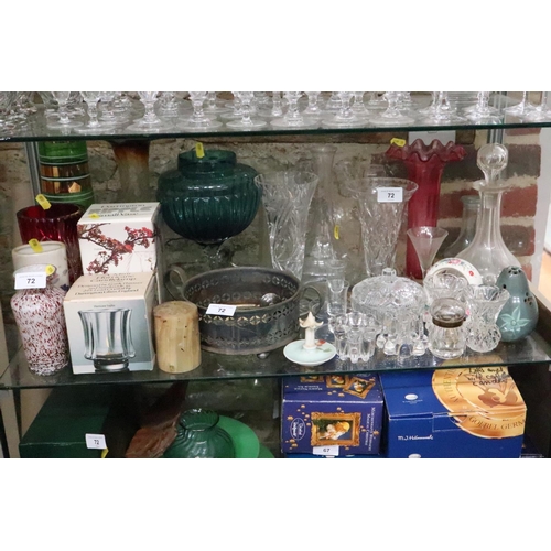 72 - A pair of cut glass brandy balloons, a ruby cut glass vase, three pieces of Dartington Ripple glass ... 