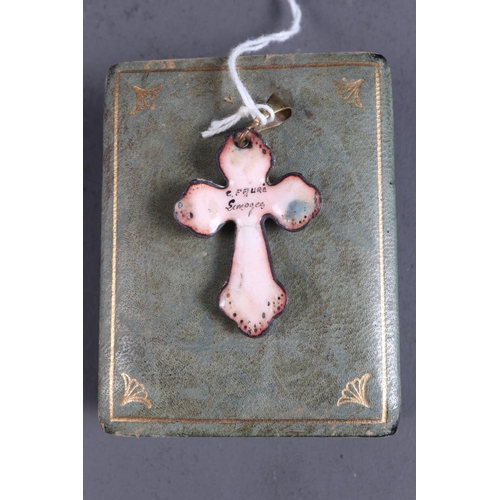 210 - A Limoges enamelled crucifix, reverse signed Camille Faure, and four Limoges porcelain brooches, var... 