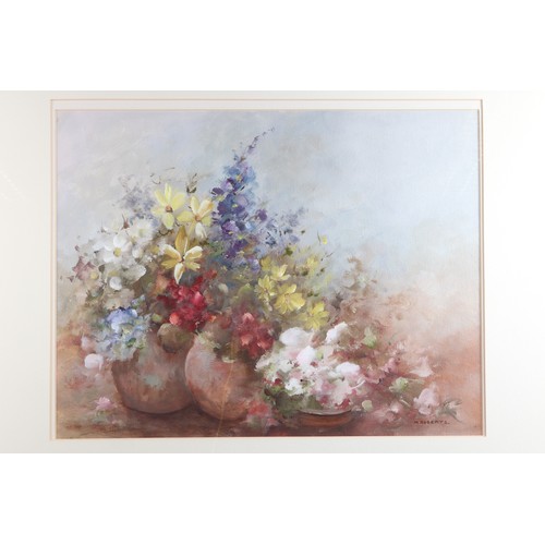 432 - Mary Roberts: oil on board, still life of spring flowers, 13 1/2