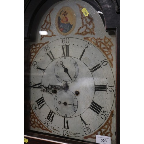 503 - A 19th century provincial long case clock with eight-day striking movement and painted arch top dial... 