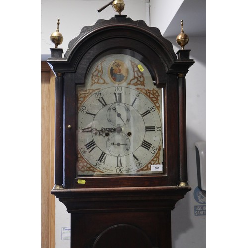 503 - A 19th century provincial long case clock with eight-day striking movement and painted arch top dial... 