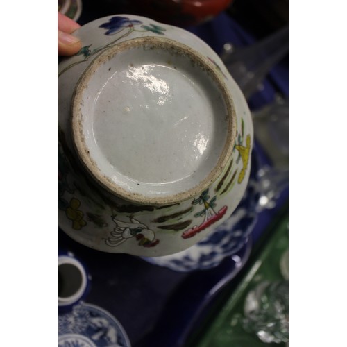 103 - Two Chinese blue and white tea bowls with panelled floral decoration and four-character, double ring... 