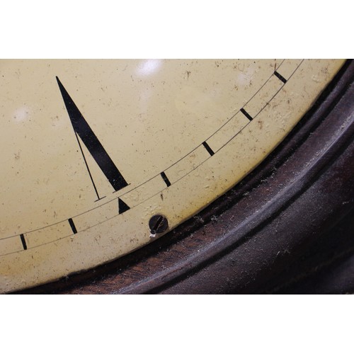 135 - A mahogany and brass inlaid drop dial wall clock with painted dial and Roman numerals, single fusee ... 