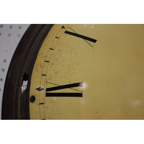 135 - A mahogany and brass inlaid drop dial wall clock with painted dial and Roman numerals, single fusee ... 