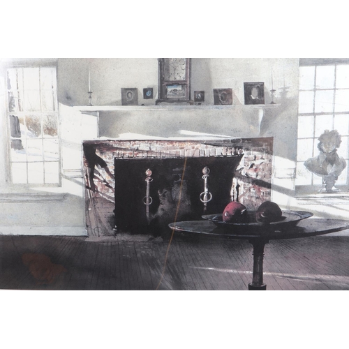 364 - Andrew Wyeth: two colour prints, interior scene and a landscape, in silvered frames