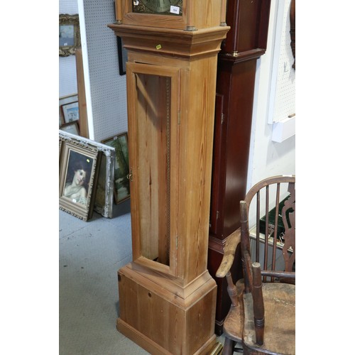 510 - A waxed pine long case clock with eight-day striking and chiming movement, and brass dial, 80