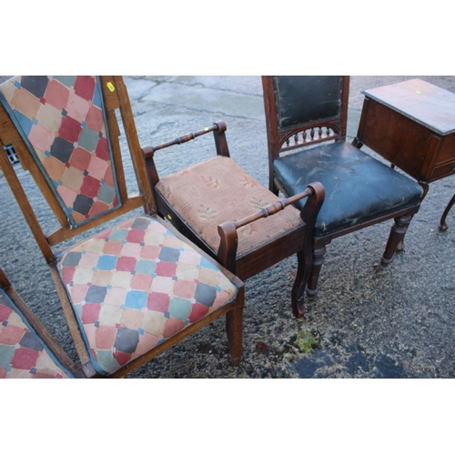 546 - A pair of Art Deco oak side chairs, a pair of carved walnut framed chairs, a piano stool and a walnu... 