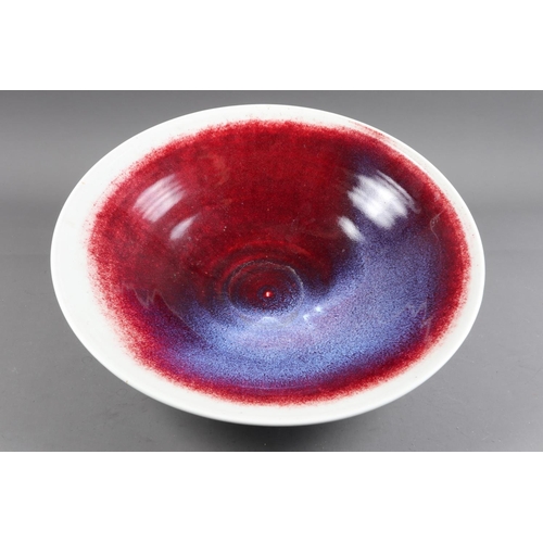 1 - A Lois Atherton studio pottery tapered bowl with white and red glaze, 17 1/4