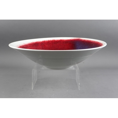 1 - A Lois Atherton studio pottery tapered bowl with white and red glaze, 17 1/4