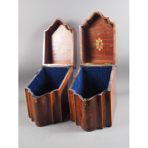 169 - A pair of Georgian mahogany and inlaid serpentine front knife boxes, 8 1/2