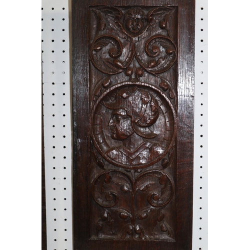 181 - A pair of 16th century French? carved oak portrait panels with scroll work, 19