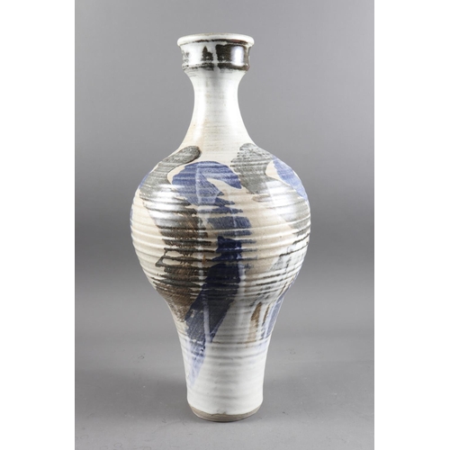 2 - A studio pottery baluster vase with paint stroke blue and grey decoration, 20 1/4