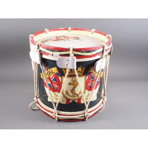 203 - A Royal Navy hand-painted drum with brass fittings and rope stretchers, signed A Collins, 14 1/2