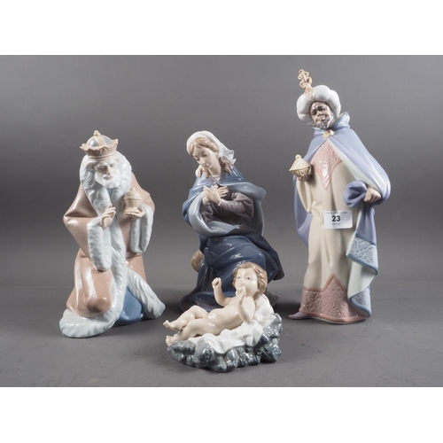 23 - A Lladro part Nativity set, King Melchior, King Balthazar, Virgin Mary and Baby Jesus