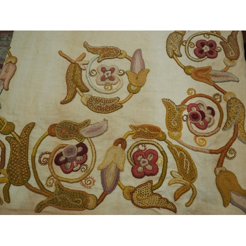 249 - A linen and 17th century wool crewel work bedspread, 78